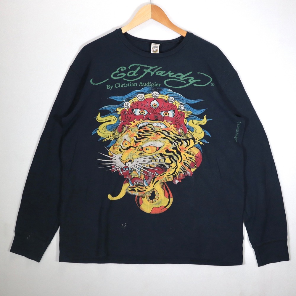 Ed Hardy Thermal Shirt Mens XL Black Tiger Deity Graphic Long Sleeve Y2K Street